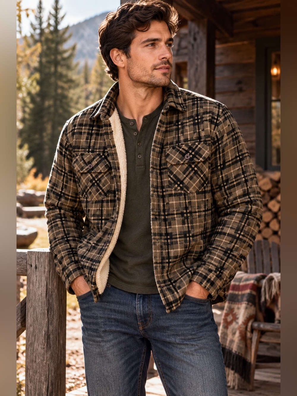 Weatherproof Vintage Men’s L Plaid Sherpa Lined Shirt Jacket Shacket Brown
